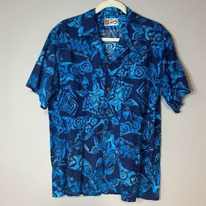 Vintage Hilo Hattie Blue Abstract Floral Tropical Hawaiian Shirt